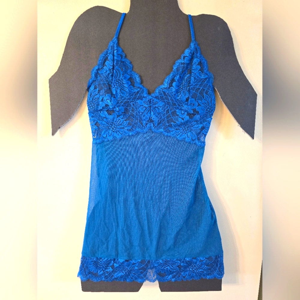 Y2K Fredricks Of Hollywood Lingerie Nightgown Blue Size Large sheer Lace